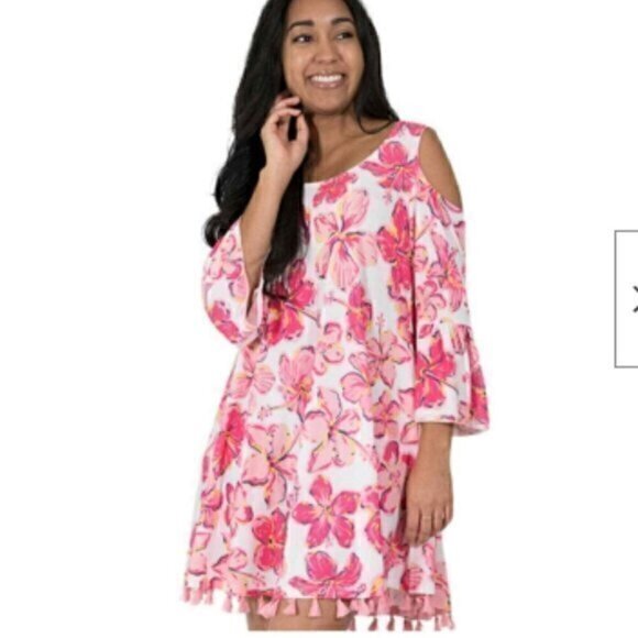 Simply Southern Womens Sarasota Shift Dress White Pink Hibiscus Tassel Stretch S - Picture 1 of 9